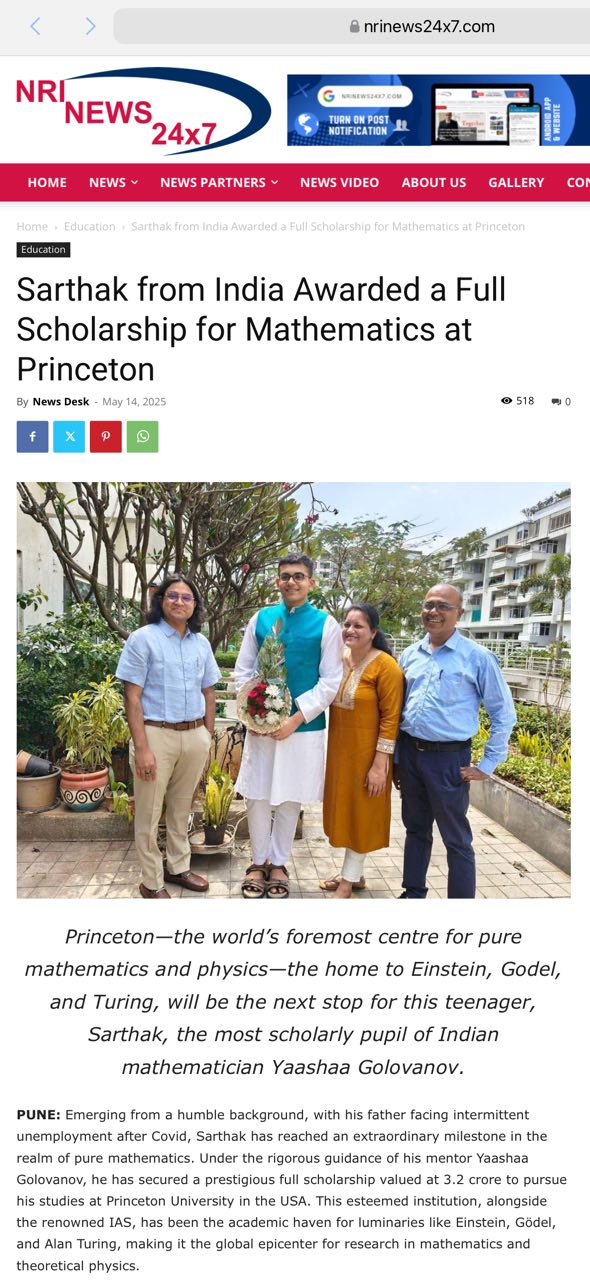 NRI News article about Sarthak's admission to Princeton